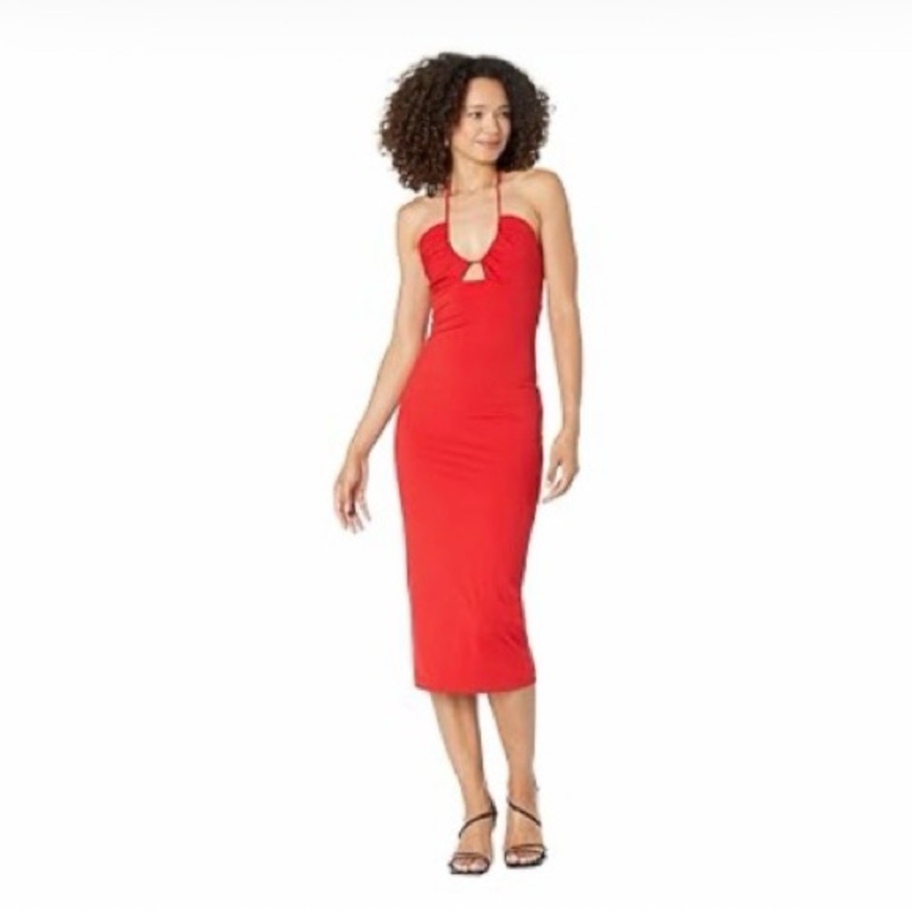 Bardot Red Halter Keyhole Ruched Midi Bodycon Dress US 12 XXL 57674DB